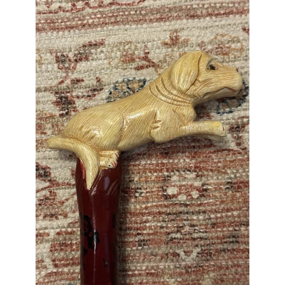 Hand Carved Dog Handle, Walking Stick 34 Inch Twist Shaft + Folk Art Cane Money
